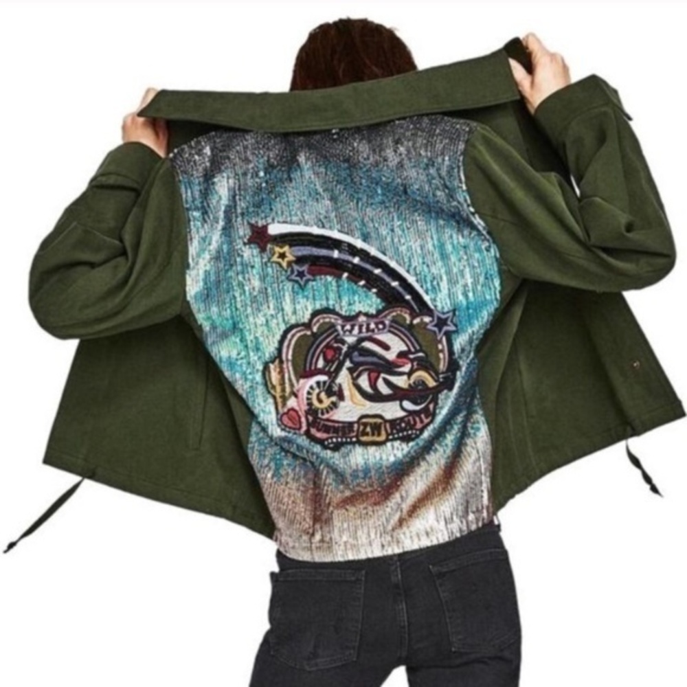 Zara Ombre Sequin Moto Embroidered Military Jacket